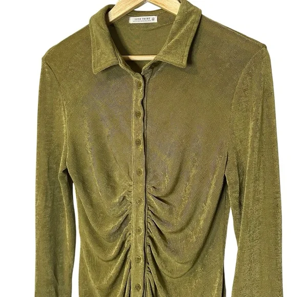 🔆 12th Tribe Olive Green Ruched Button Down Mini Dress, Medium - Picture 2 of 6